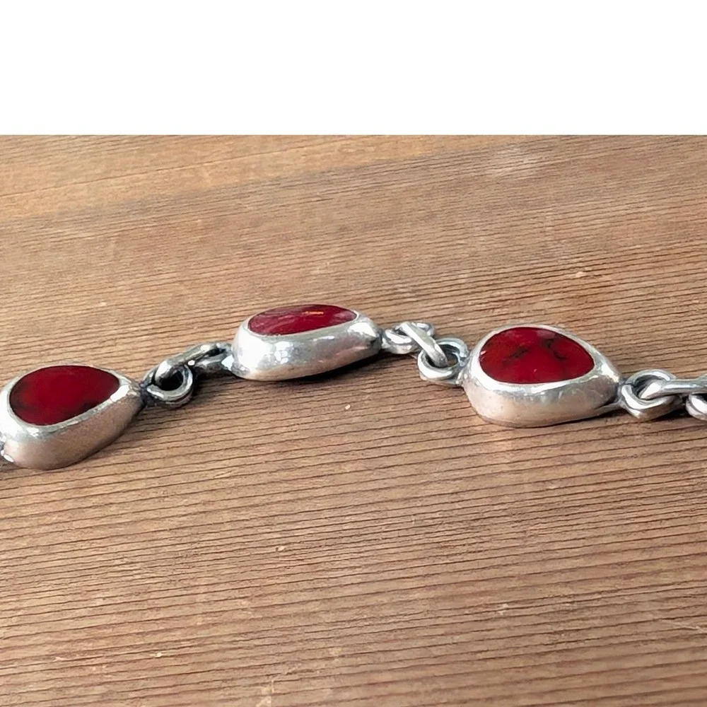 Vintage Sterling Silver Red Jasper Gemstone Teardrop Link Bracelet 925 Mexico